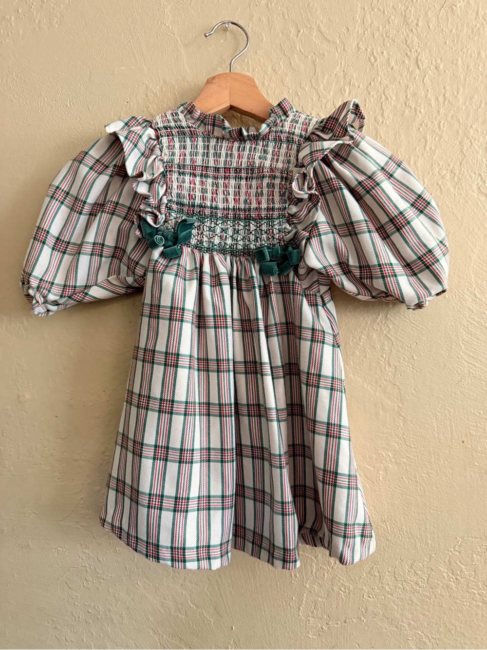 Bonnie Jean Cream Dress with Red & Green Plaid Smocking